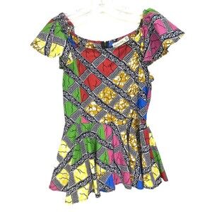 SHENBOLEN Women's Size S Multicolor African Print Cap Sleeve Blouse Zipper FLAW